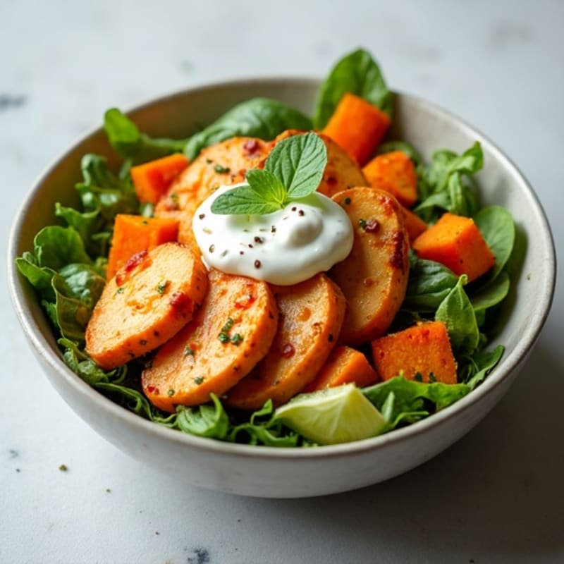 Creamy Buffalo Chicken Bowl with Roasted Sweet Potatoes and Fresh Greens