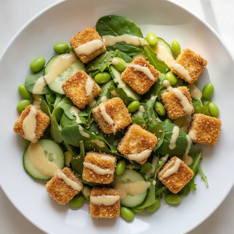 Crispy Tofu and Edamame Salad with Lemon-Tahini Dressing