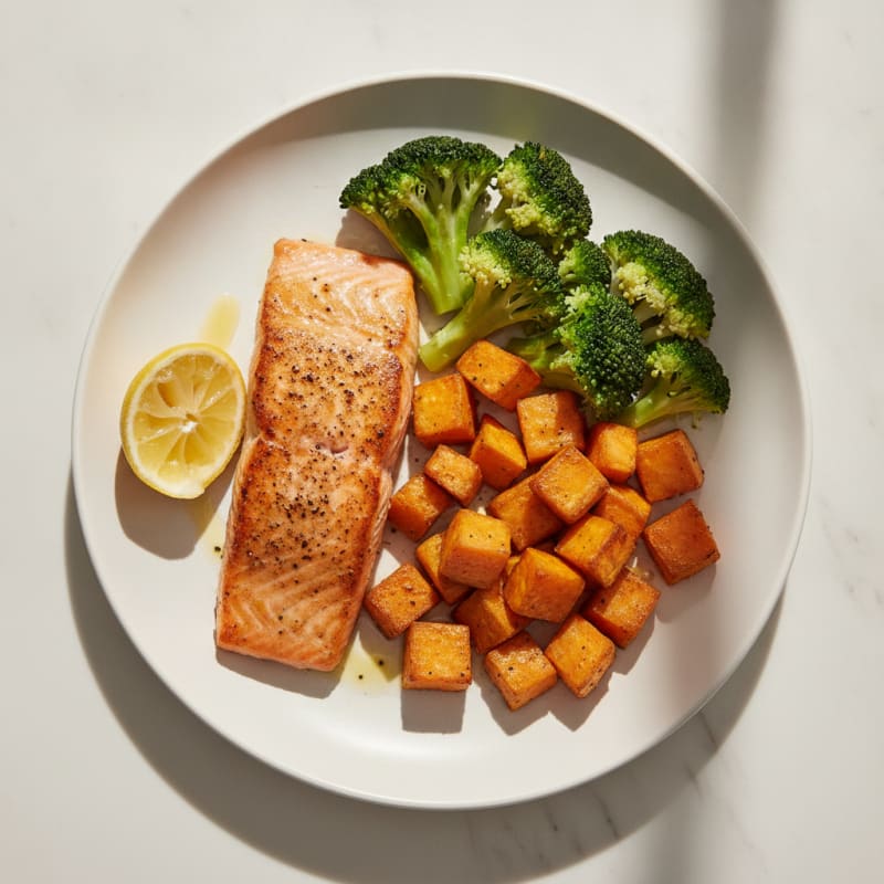 Seared Salmon with Roasted Sweet Potato and Steamed Broccoli