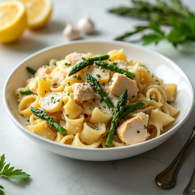 Creamy Lemon Herb Chicken Pasta with Roasted Asparagus