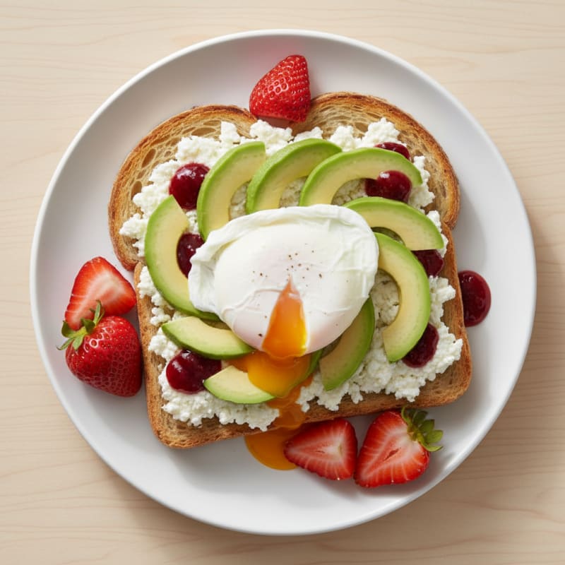 Egg and Cottage Cheese Sourdough Toast with Avocado and Strawberries