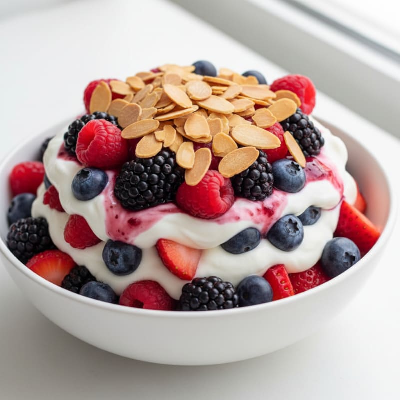 Greek Yogurt Protein Parfait with Mixed Berries and Almonds