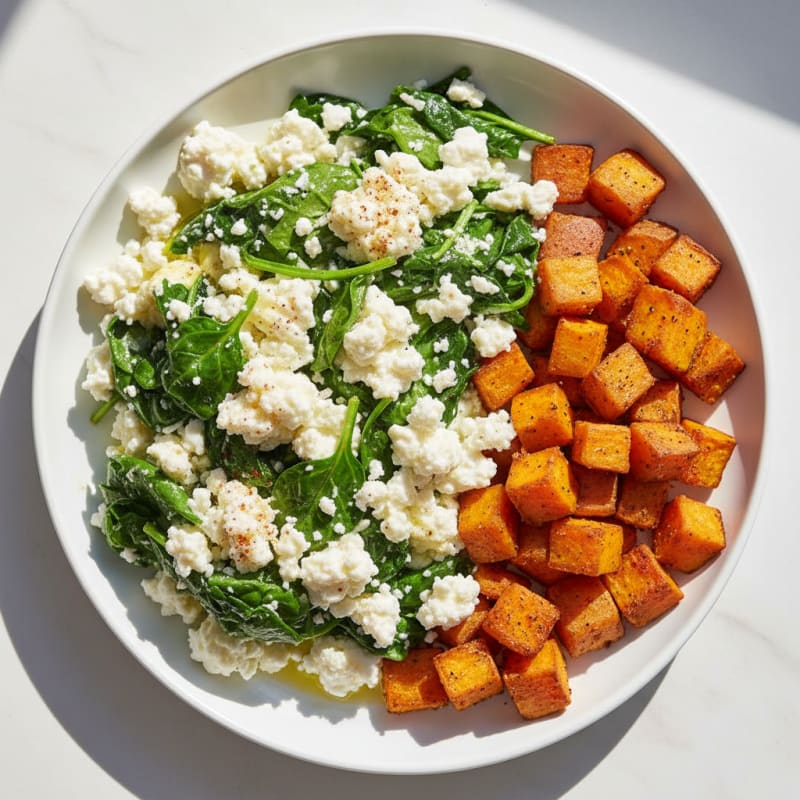 Egg White and Spinach Scramble with Cottage Cheese and Roasted Sweet Potato