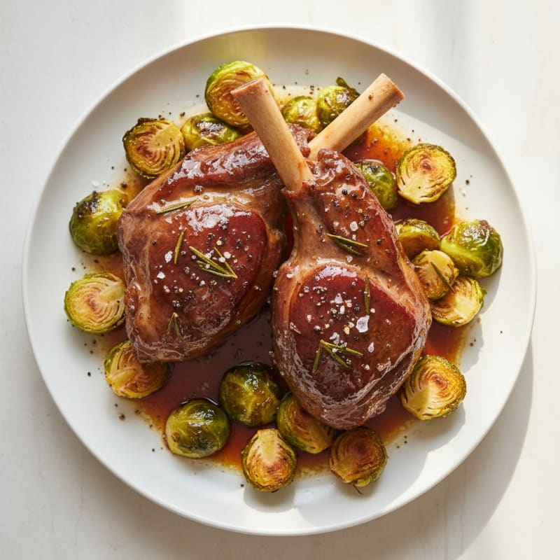 Tender Braised Lamb Shanks with Caramelized Brussels Sprouts