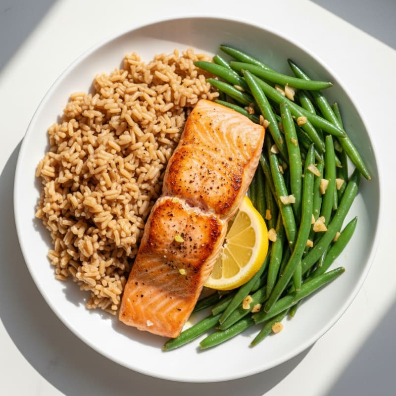 Seared Salmon with Garlic Green Beans and Brown Rice
