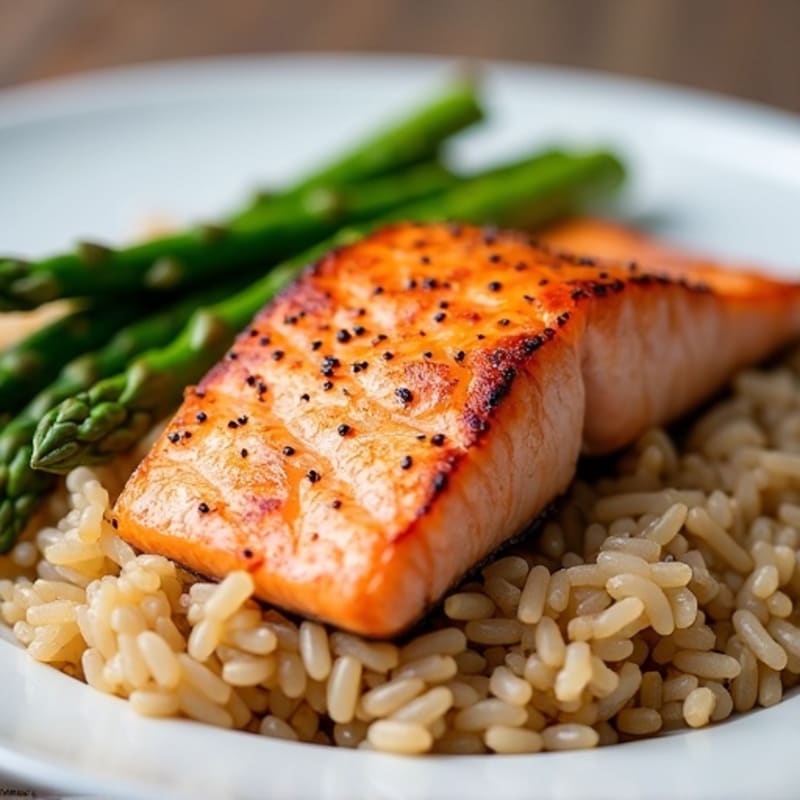 Seared Salmon Fillet with Steamed Asparagus and Brown Rice