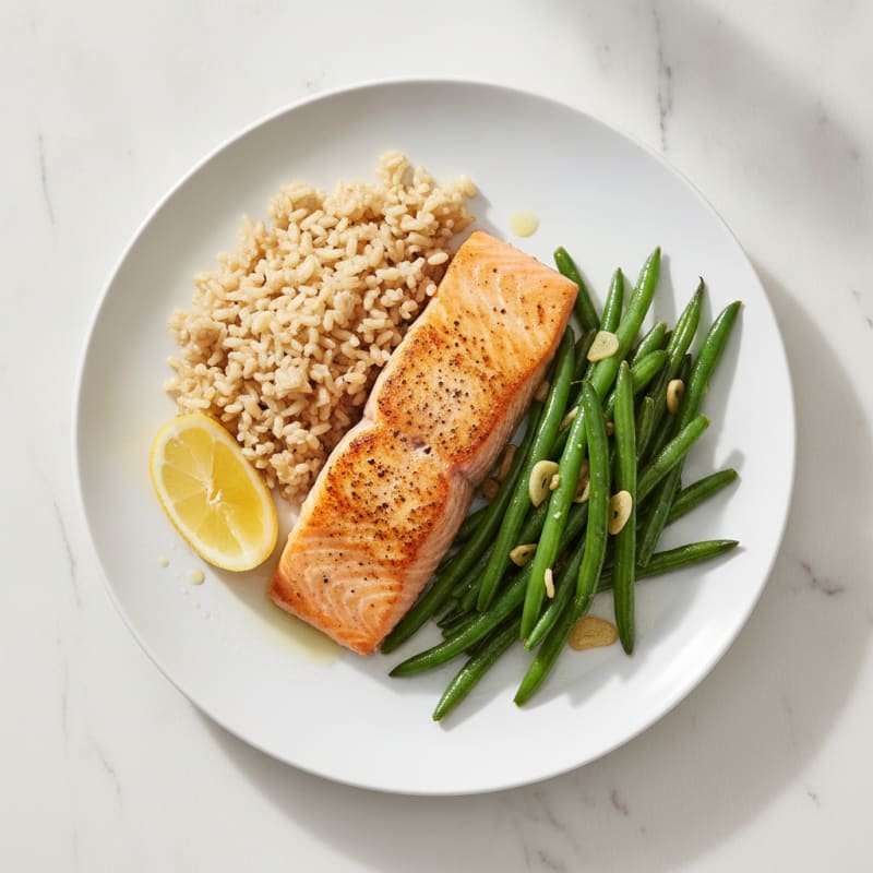 Seared Salmon with Garlic Green Beans and Brown Rice