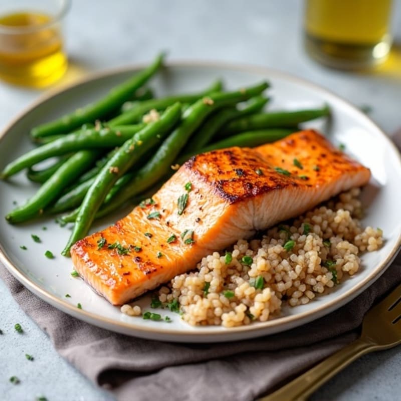 Seared Salmon with Steamed Green Beans and Brown Rice