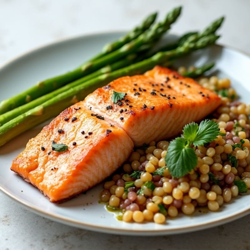 Seared Salmon Fillet with Steamed Asparagus and Lentil Salad