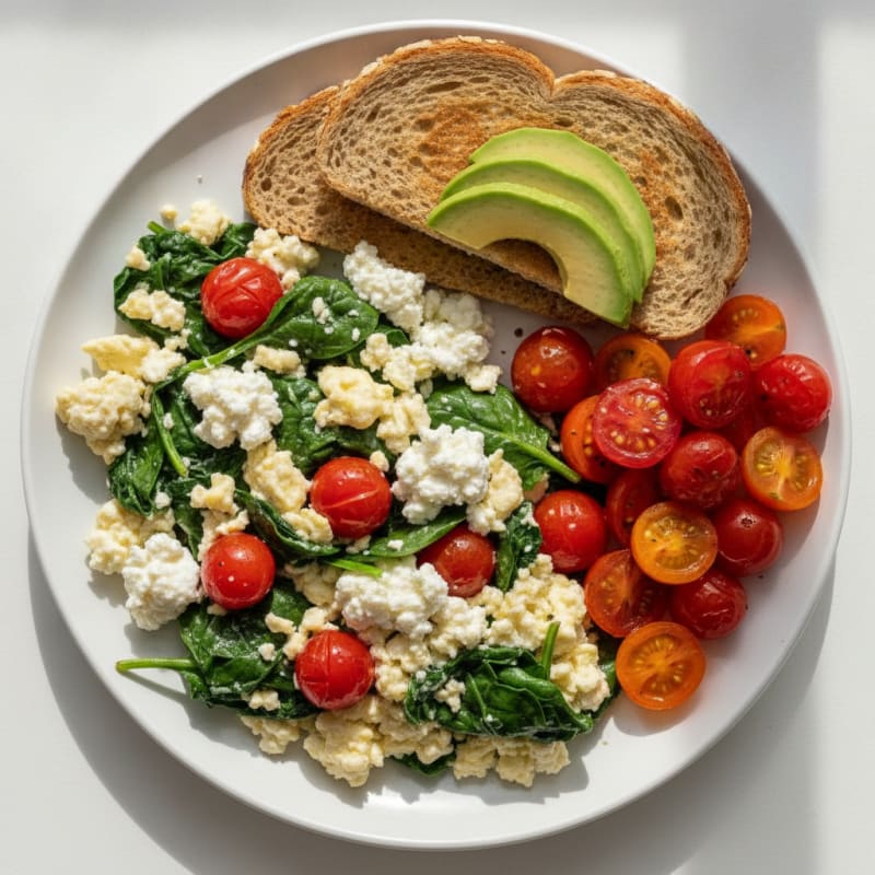 Egg White and Spinach Scramble with Cottage Cheese and Cherry Tomatoes