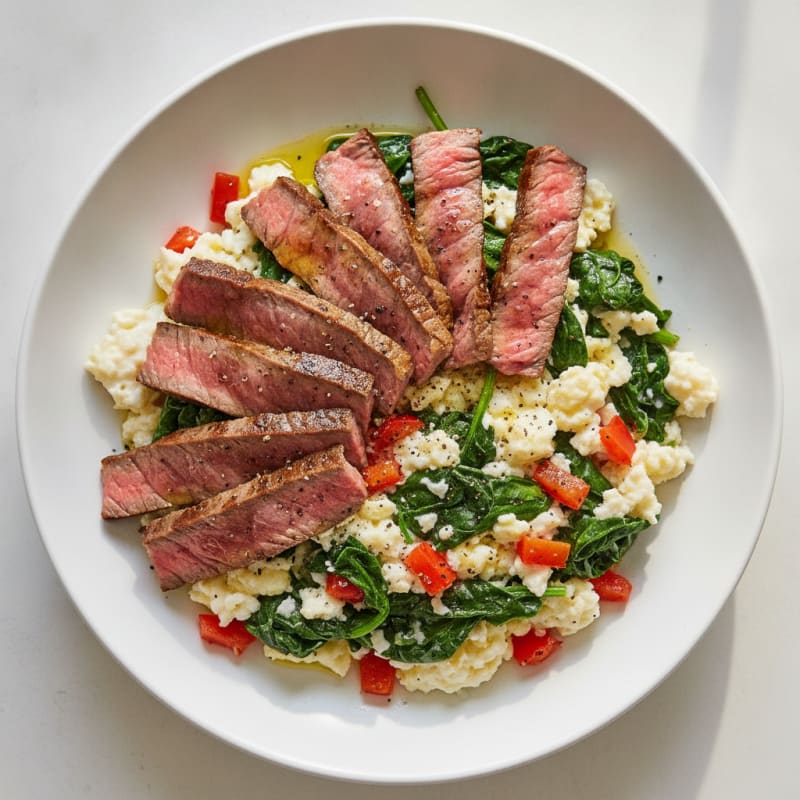 Egg White and Rare Beef Scramble with Spinach