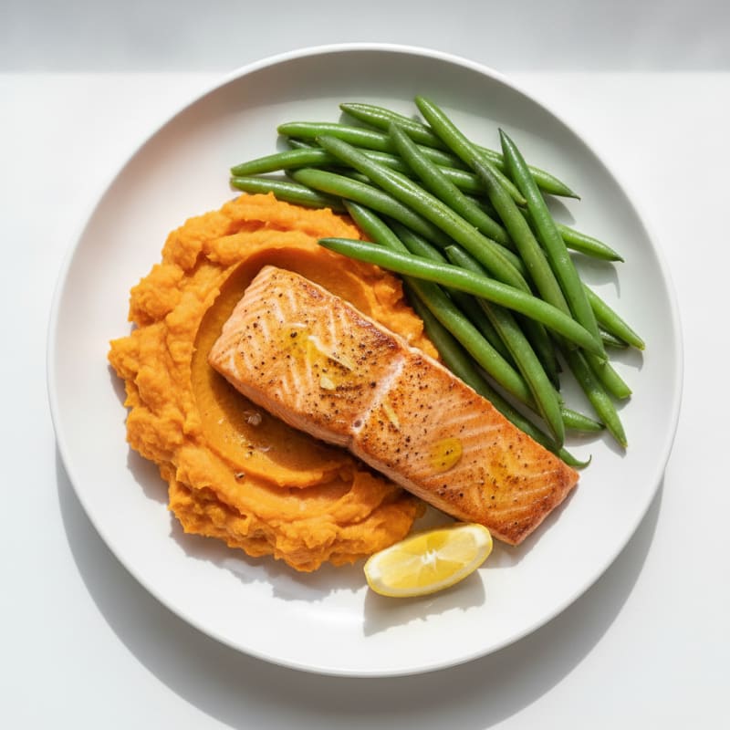 Seared Salmon with Steamed Green Beans and Mashed Sweet Potato