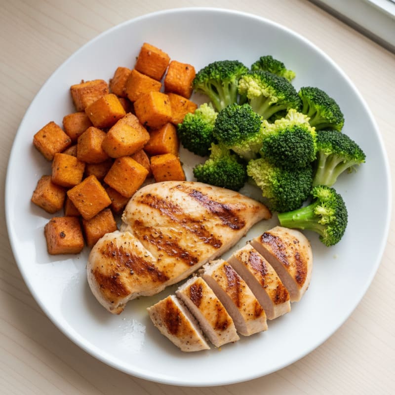 Grilled Chicken Breast with Roasted Sweet Potato and Steamed Broccoli