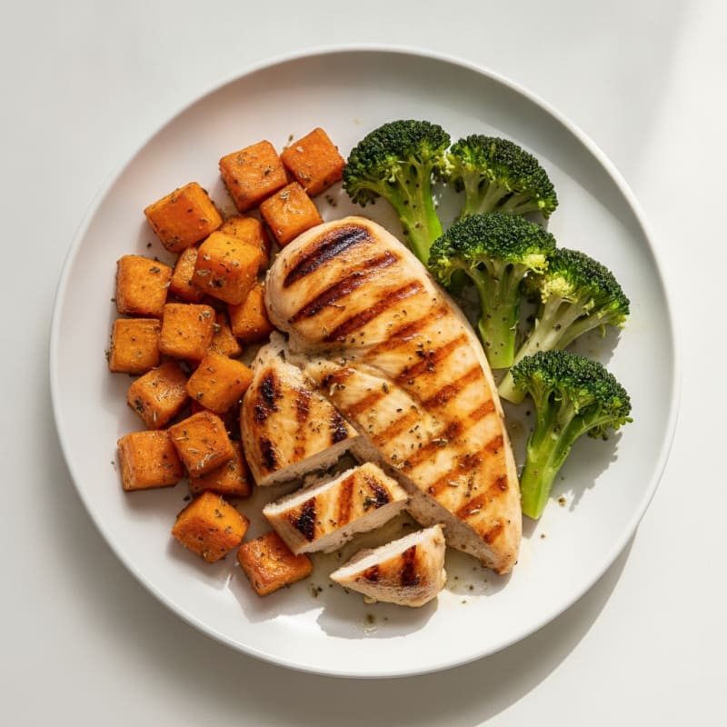 Grilled Chicken Breast with Roasted Sweet Potato and Steamed Broccoli