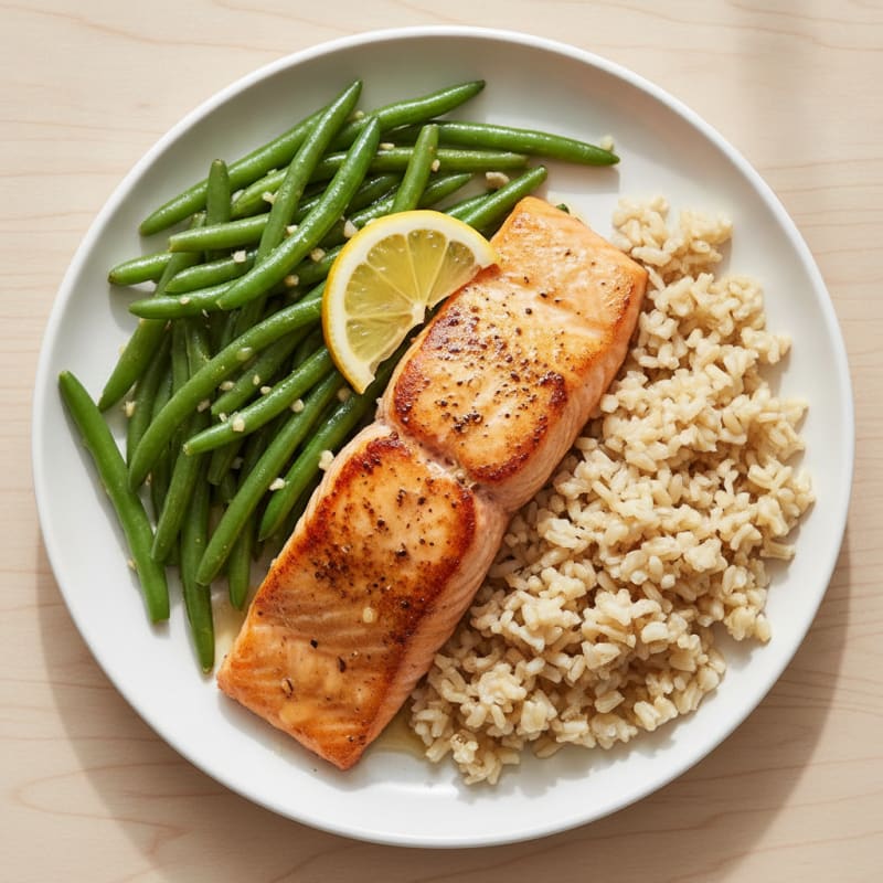 Seared Salmon with Garlic Green Beans and Brown Rice