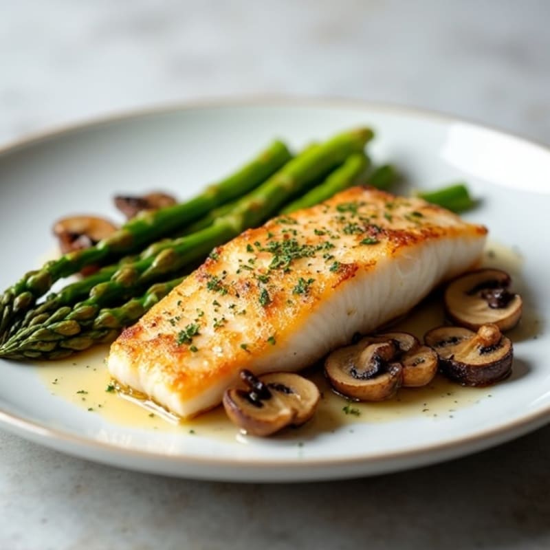 Seared Cod Fillet with Roasted Asparagus and Garlic Mushrooms