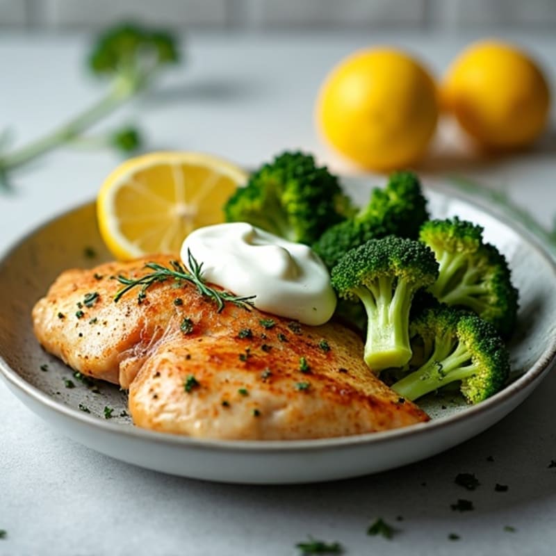 Lemon Herb Roasted Chicken Thighs with Crispy Broccoli, Hard-Boiled Egg, and Creamy Greek Yogurt