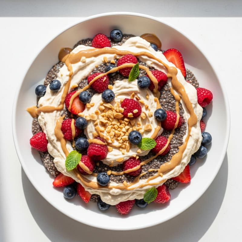 Creamy Peanut Butter Protein Pudding with Chia and Mixed Berries