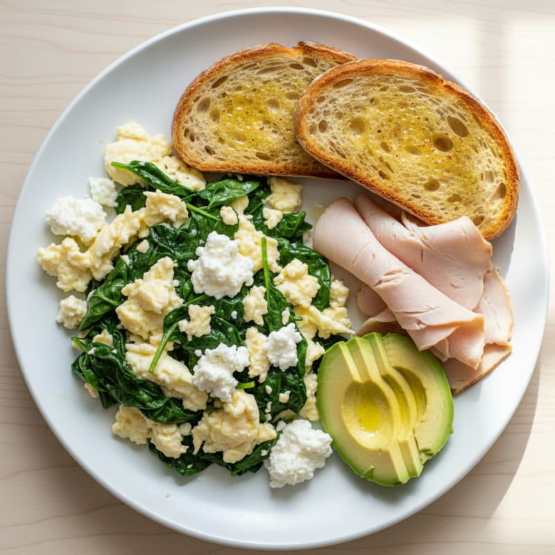 Egg White Spinach Scramble with Cottage Cheese and Sliced Turkey
