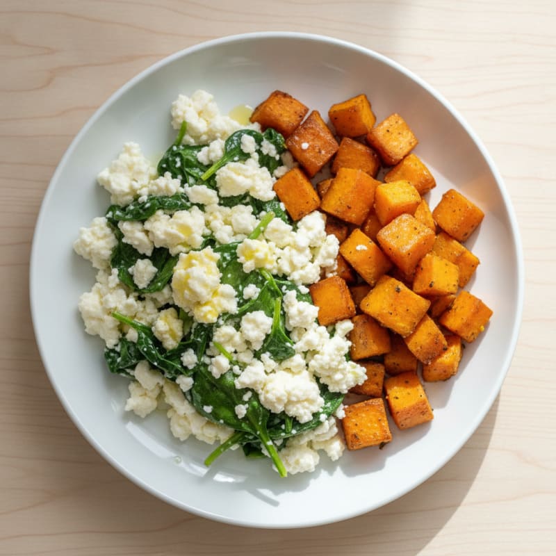 Cottage Cheese and Spinach Egg White Scramble with Roasted Sweet Potato
