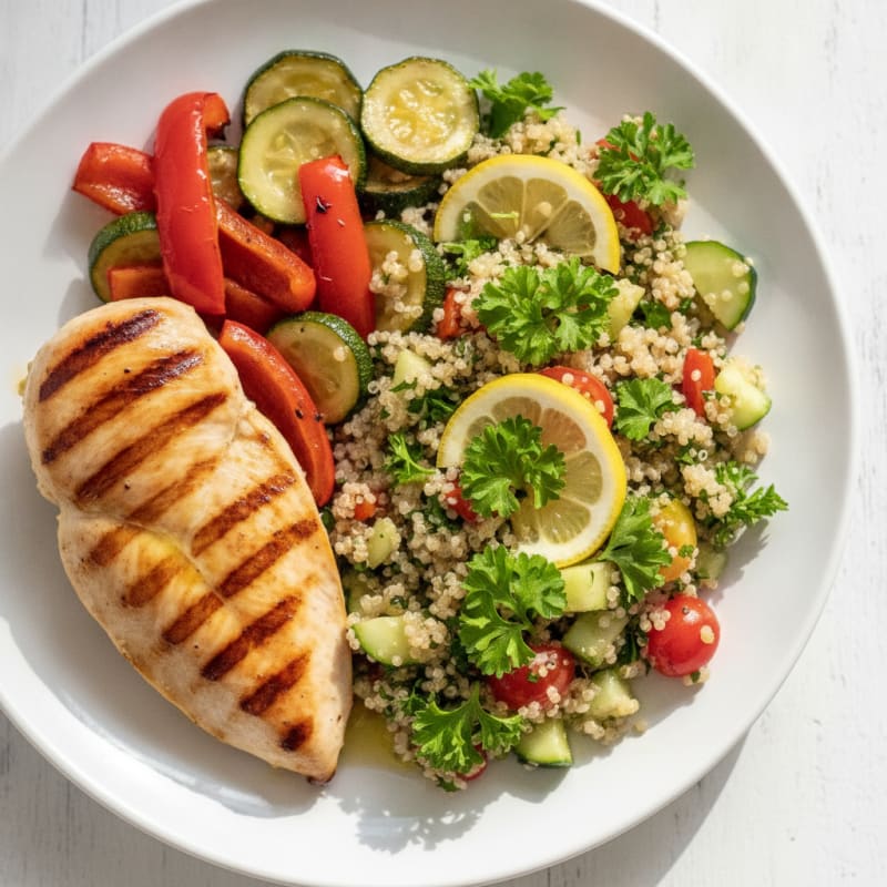 Grilled Chicken Breast with Quinoa Tabbouleh and Roasted Vegetables