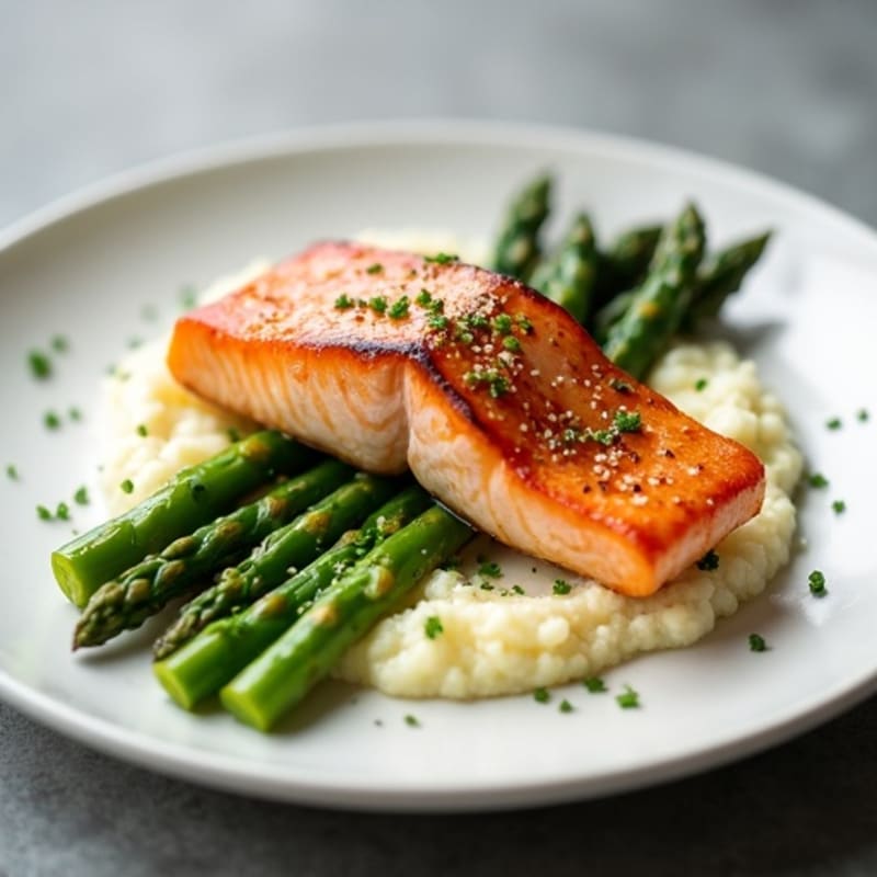 Seared Salmon with Steamed Asparagus and Cauliflower Mash