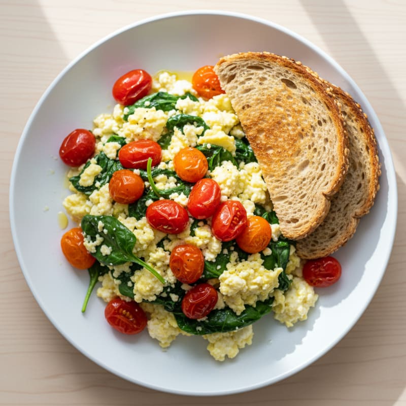 Cottage Cheese Egg Scramble with Spinach and Cherry Tomatoes