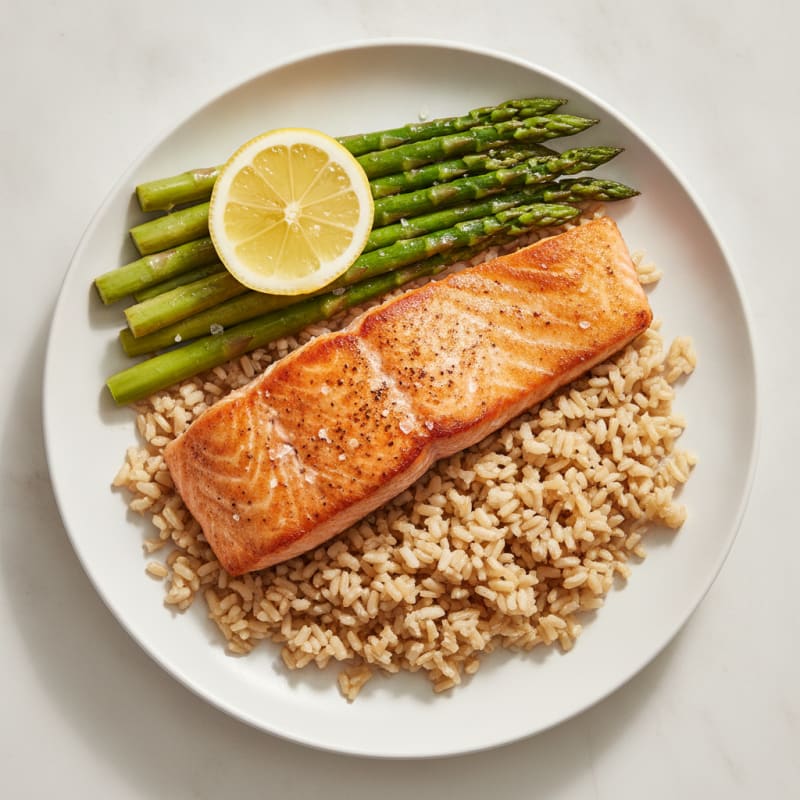 Seared Salmon Fillet with Steamed Asparagus and Brown Rice