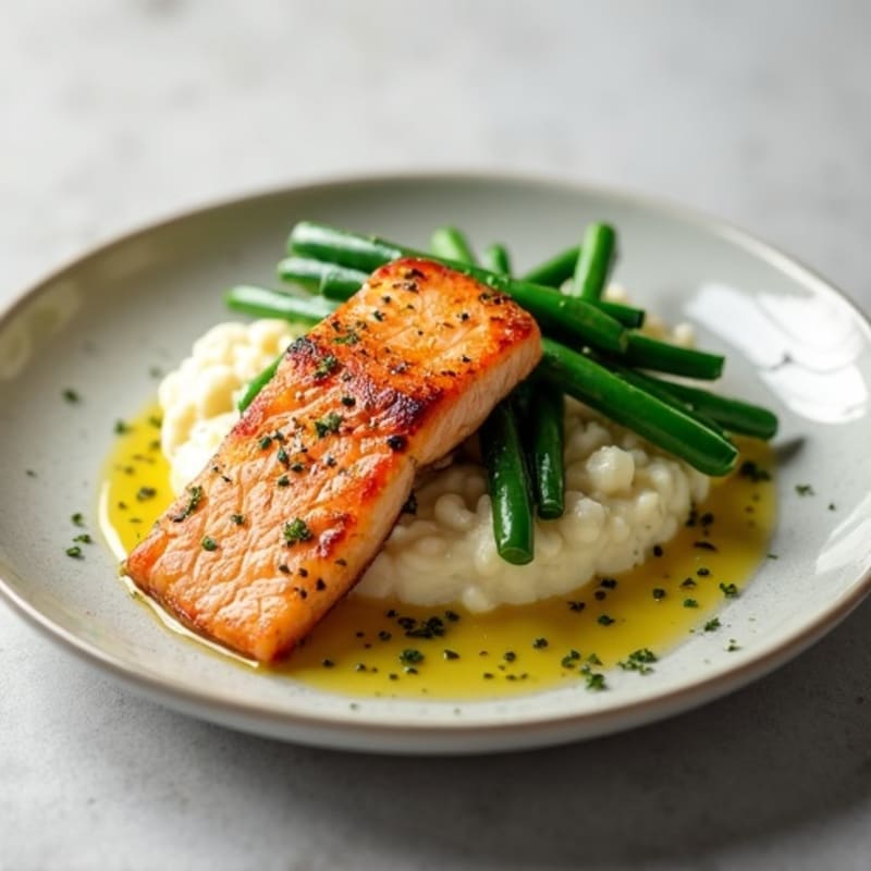 Seared Salmon with Steamed Green Beans and Cauliflower Mash