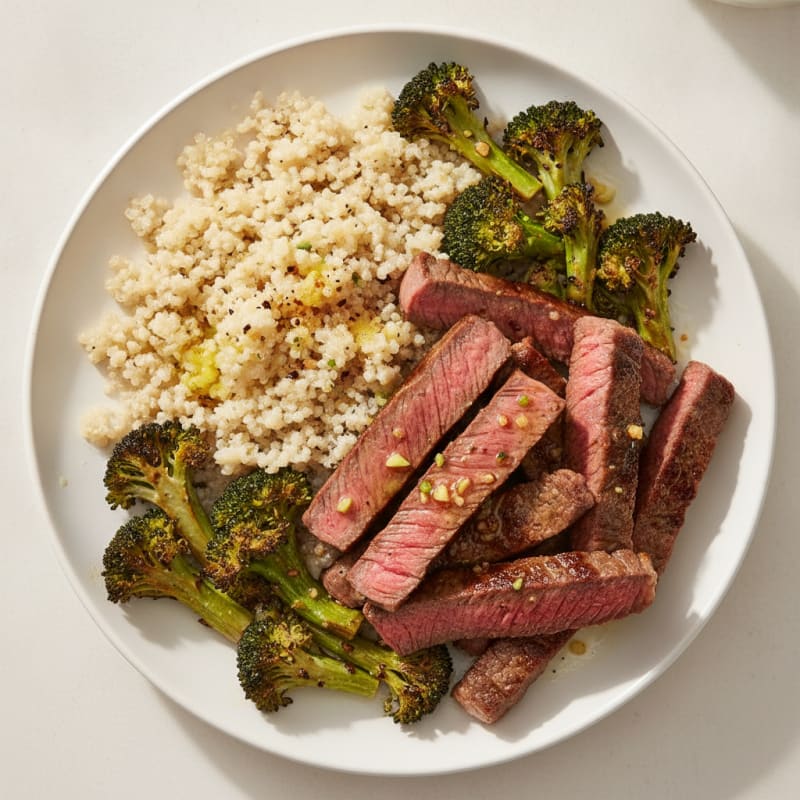 Seared Lean Beef Strips with Roasted Broccoli and Quinoa