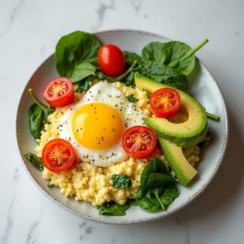 Egg White and Cottage Cheese Scramble with Spinach, Cherry Tomatoes, and Avocado