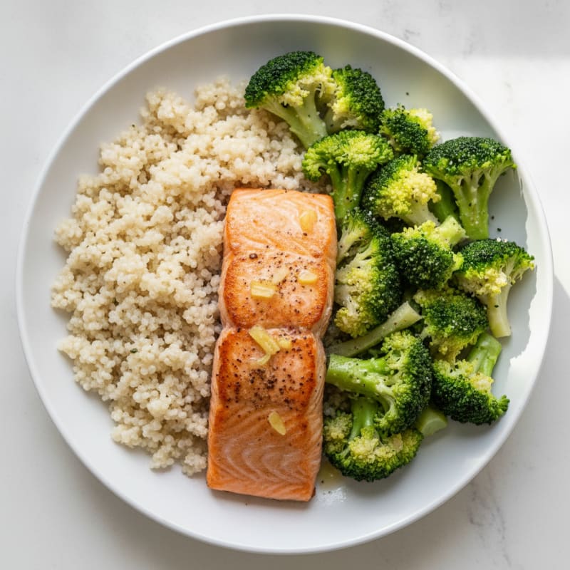 Seared Salmon with Steamed Broccoli and Quinoa
