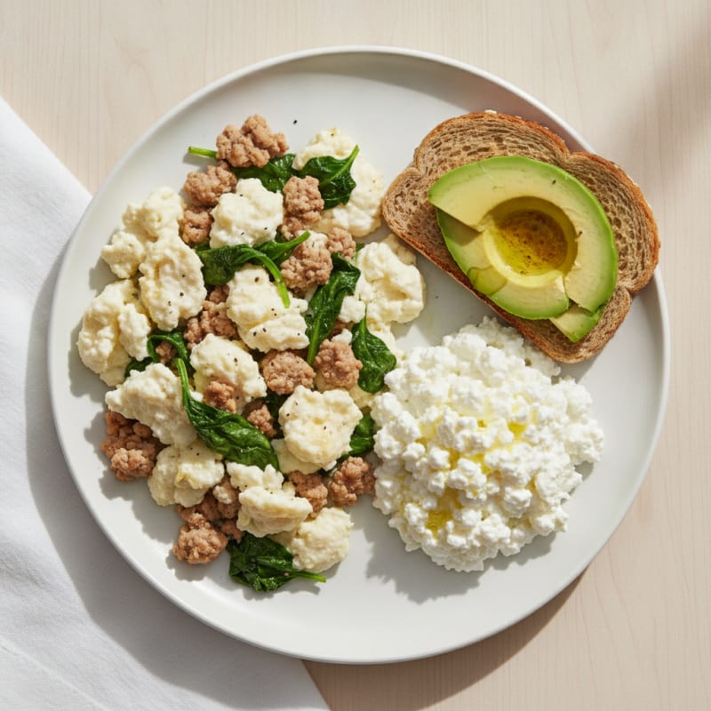 Egg White and Turkey Spinach Scramble with Cottage Cheese