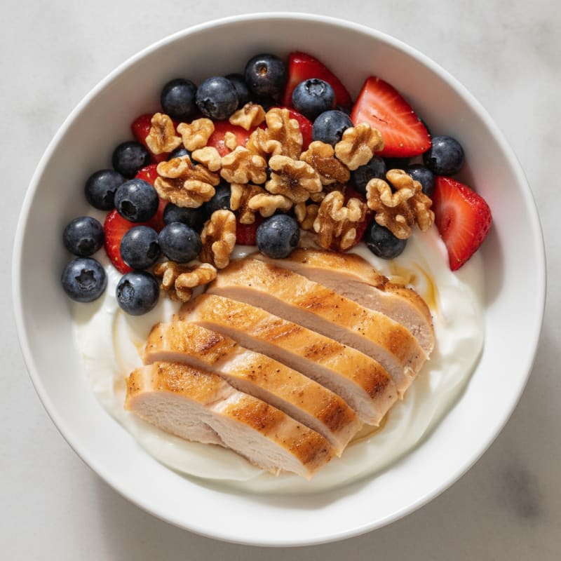 Greek Yogurt Parfait with Sliced Chicken Breast and Berries