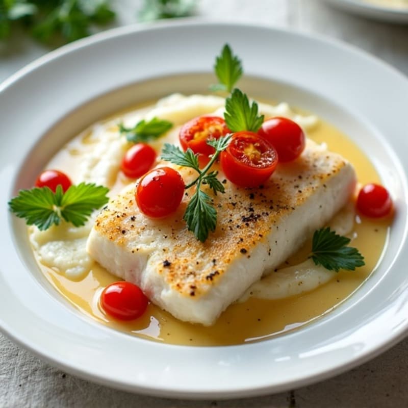 Pan-Seared Halibut with Creamy Lemon-Herb Cauliflower Puree and Blistered Cherry Tomatoes
