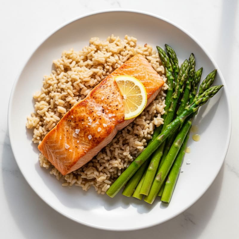 Seared Salmon with Steamed Asparagus and Brown Rice