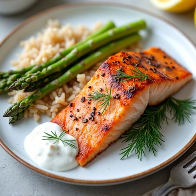 Seared Salmon with Steamed Asparagus, Brown Rice & Dill Yogurt Sauce