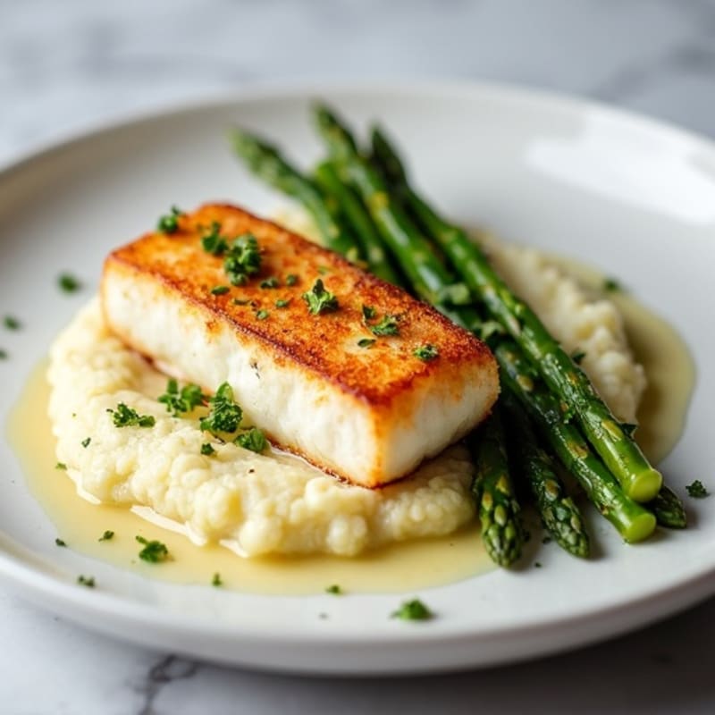 Seared Cod Fillet with Roasted Asparagus and Cauliflower Mash
