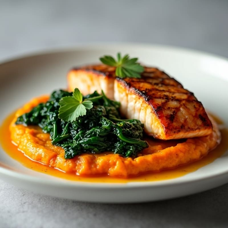 Seared Salmon with Garlic Sautéed Spinach and Sweet Potato Mash