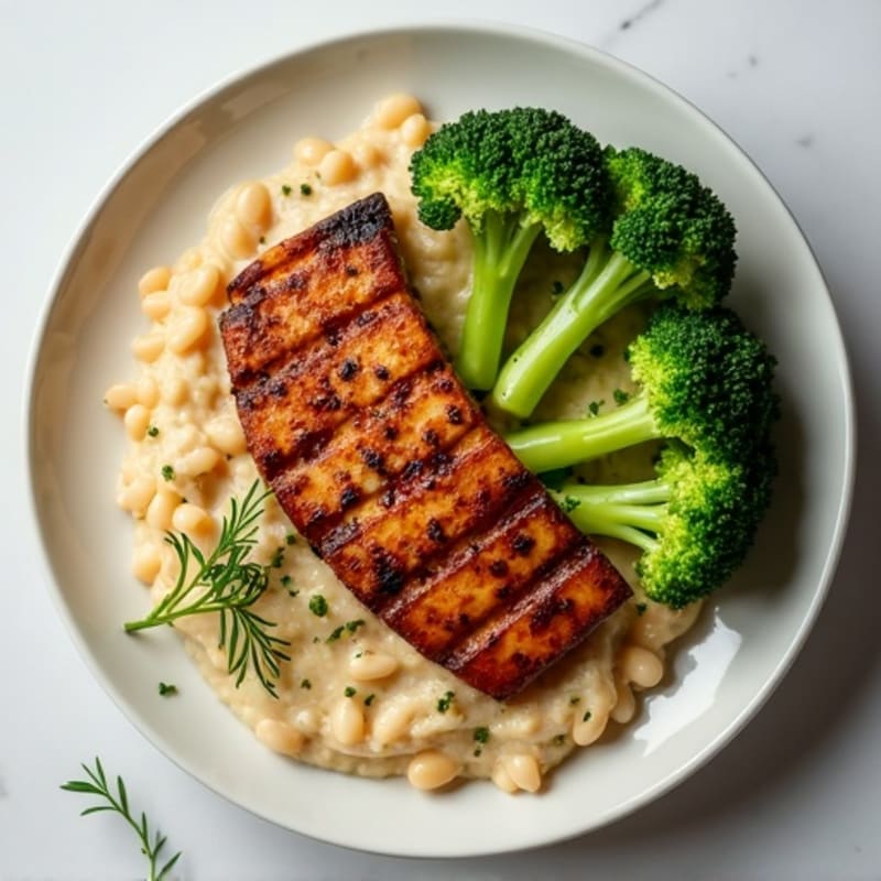 Grilled Tempeh with Creamy White Bean Mash and Steamed Broccoli