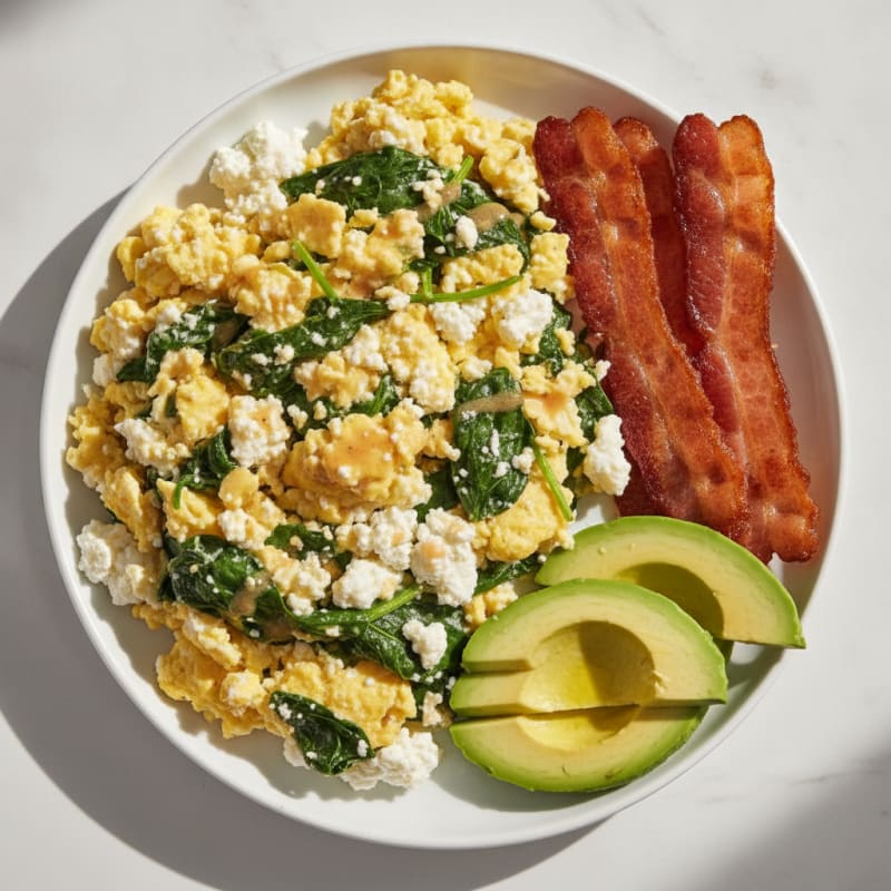Cottage Cheese Egg Scramble with Spinach and Turkey Bacon