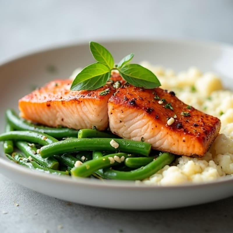 Seared Salmon Fillet with Garlic Green Beans and Cauliflower Mash
