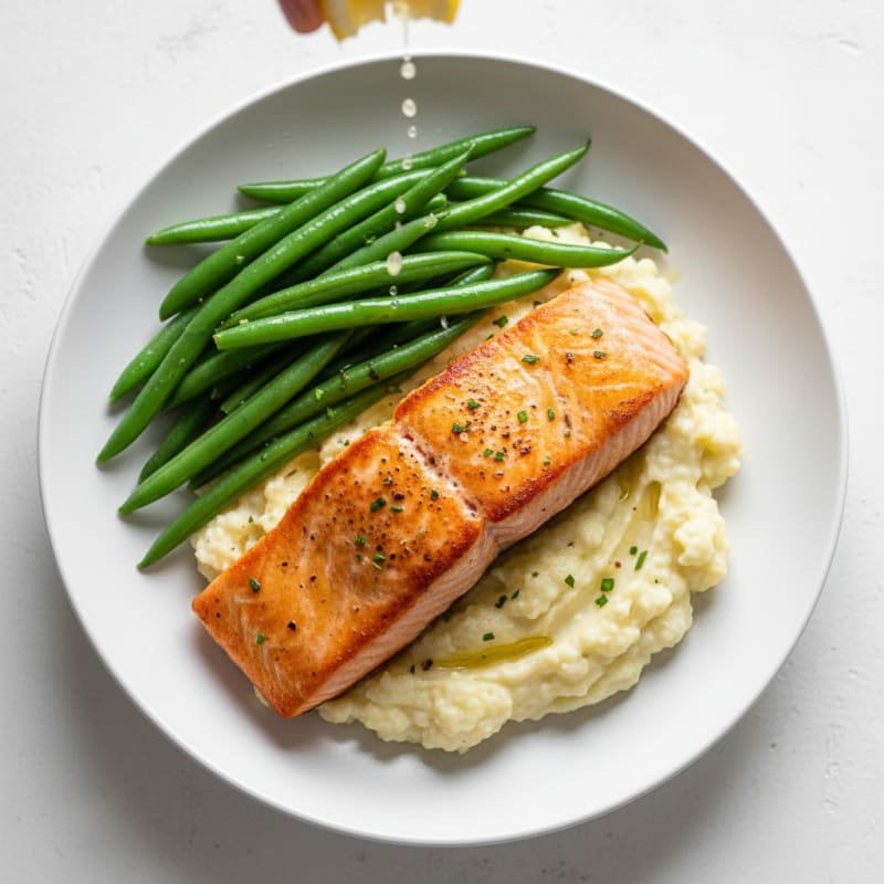 Seared Salmon with Steamed Green Beans and Garlic Mashed Cauliflower