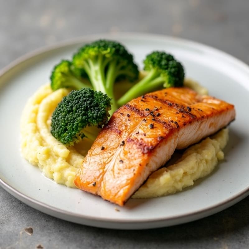 Seared Salmon with Garlic Mashed Potatoes and Steamed Broccoli