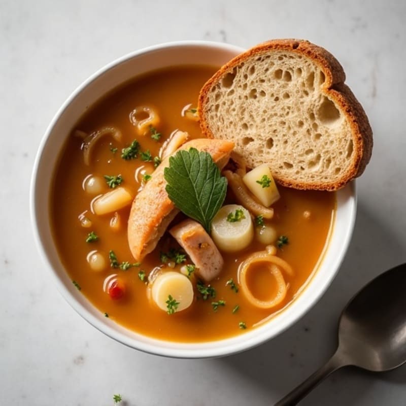 Hearty Caramelized Onion Soup with Crispy Whole Grain Croutons