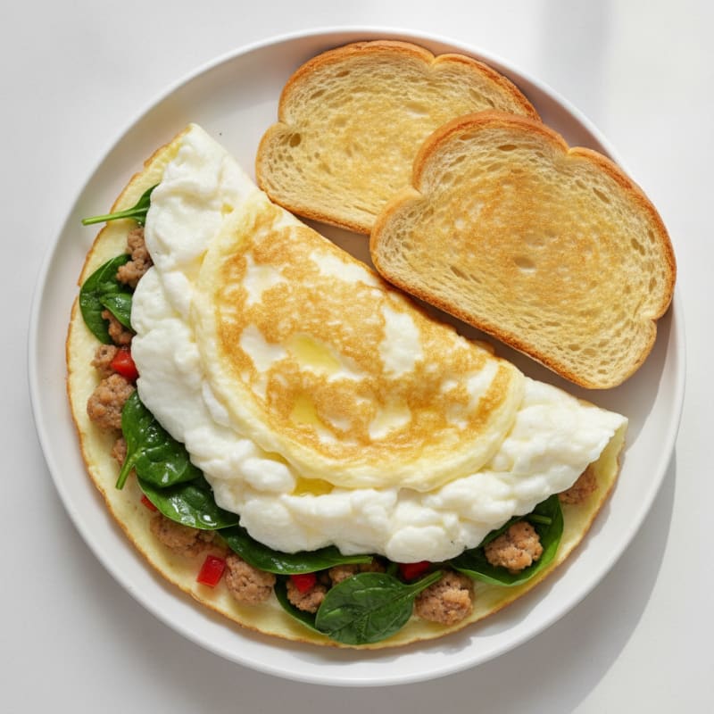 Fluffy Egg White Omelette with Chicken Sausage and Toasted White Bread