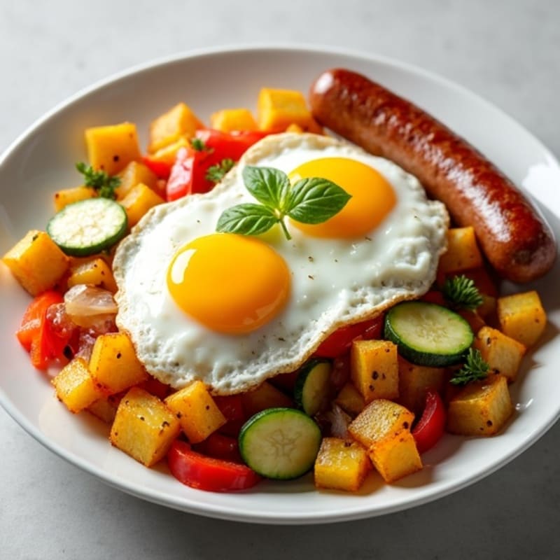 Crispy Potato and Veggie Hash with Sunny-Side Up Eggs