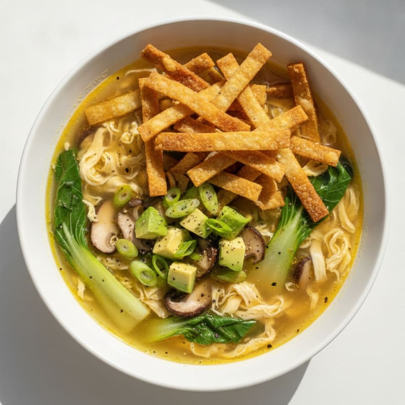 Savory Egg Drop Soup with Crispy Wontons