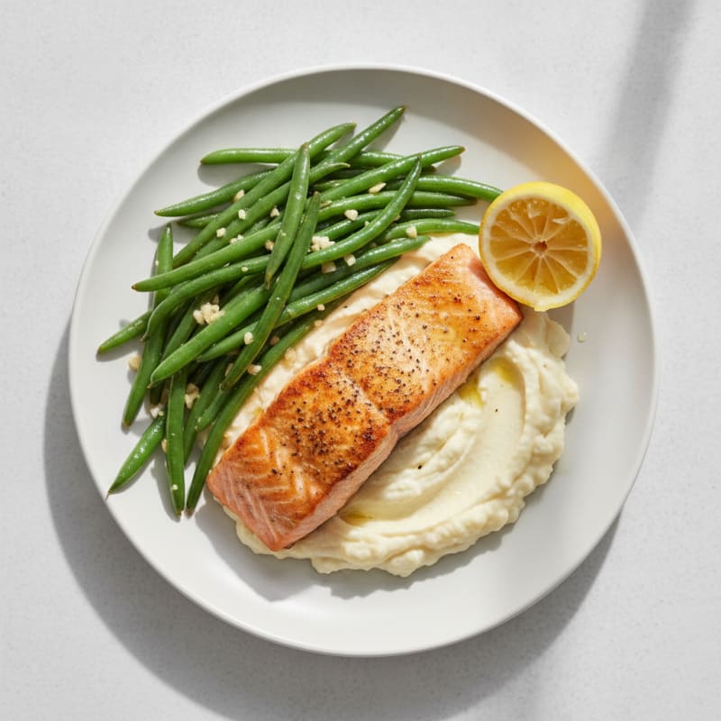 Seared Salmon with Garlic Green Beans and Cauliflower Mash