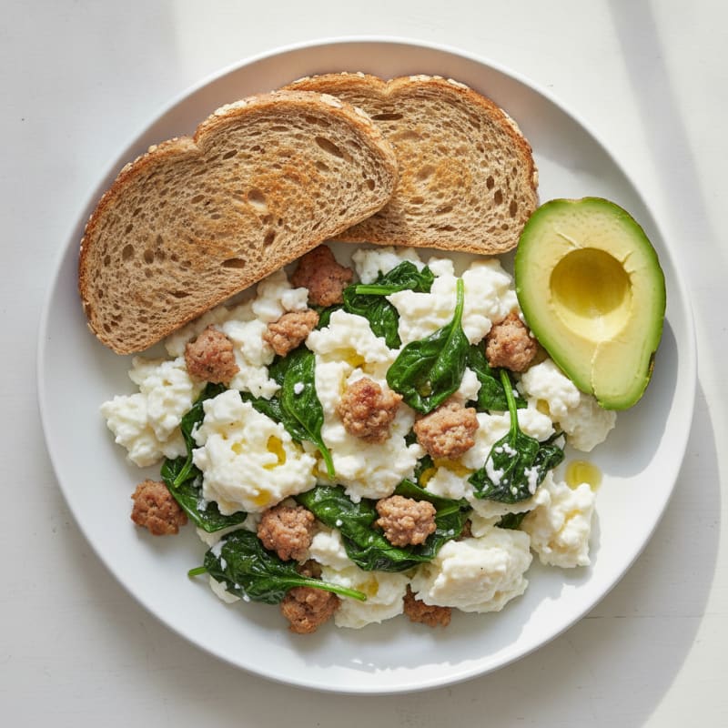 Egg White Scramble with Turkey Sausage and Sautéed Spinach